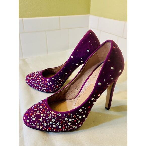 Vince Camuto’s Purple Rhinestone Studded Heels Suede - Picture 1 of 9
